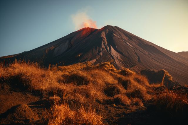 Volcano mountain landscape view, created using generative ai technology. Volcano, nature, natural phenomenon concept digitally generated image.