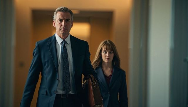 Confident businessman walking with leather briefcase in modern office corridor