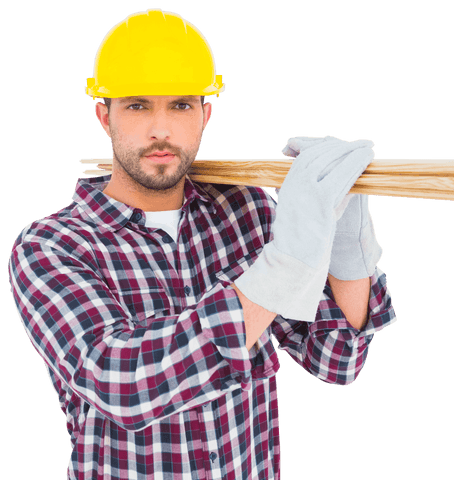 Transparent handyman holding wood planks with hard hat and gloves