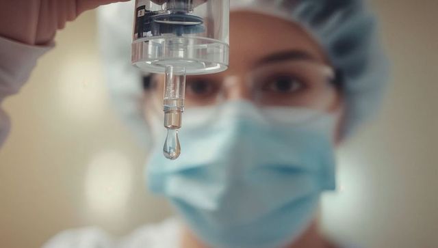 Masked nurse holding iv drip chamber with droplet closeup for sterile infusion care
