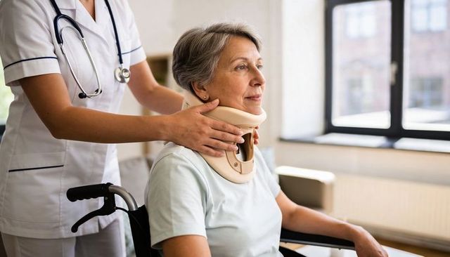 Nurse adjusting beige cervical collar on senior woman in wheelchair, sunlit clinic care