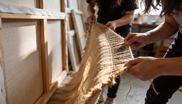 Craftspeople stretching jute burlap over wooden frames in sunlit workshop