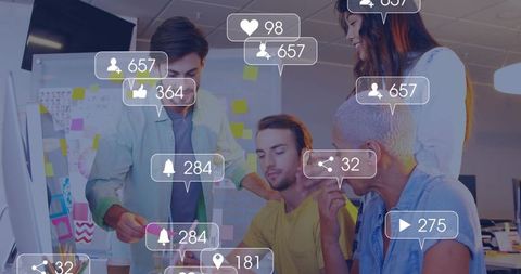 Creative team collaborating on social media strategy with live engagement metrics overlay