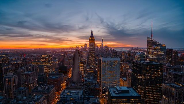 Manhattan sunset skyline with empire state building rising above glowing urban lights