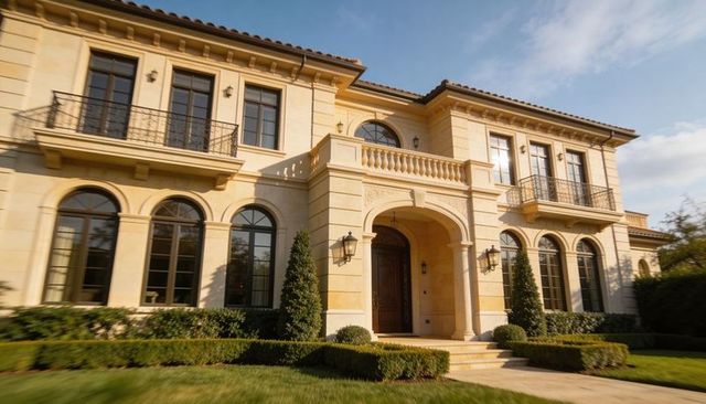 Sunlit mediterranean neoclassical villa with arched entry and manicured front yard