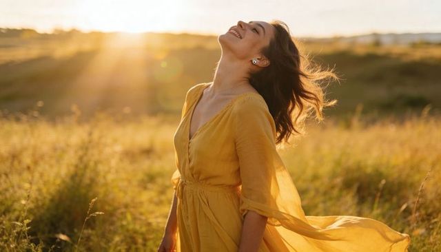 Woman savoring golden-hour breeze in mustard dress in sunlit meadow