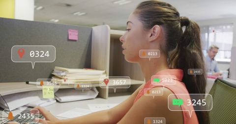 Caucasian Businesswoman Analyzing Social Media Data in Modern Office