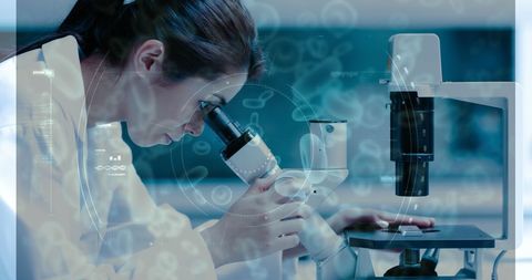 Female Scientist Using Microscope and Animated Microorganisms Overlap - Download Free Stock Images Pikwizard.com