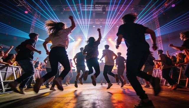 Jumping Concertgoers Under Neon Lasers and Stage Lights at High-Energy Live Music Event