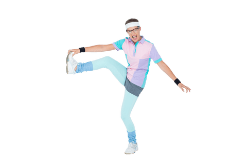Transparent hipster in energetic pose with retro sports outfit