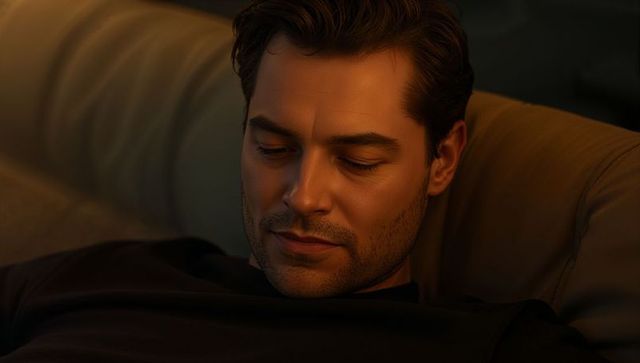 Reclining man gazing downward on beige sofa with warm cinematic glow, contemplative portrait