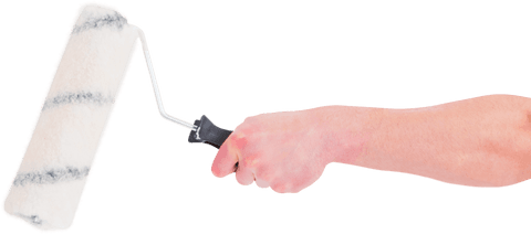 Transparent hand holding paint roller tool for home improvement