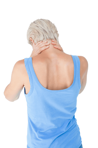 Woman Experiencing Neck Pain in Light Blue Top on Transparent Background