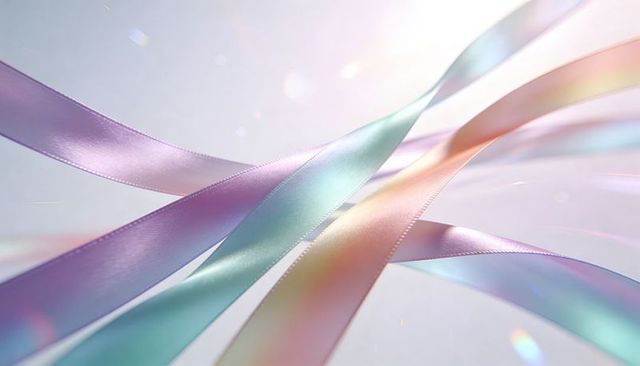 Weaving pastel satin ribbons floating with iridescent sheen and soft bokeh lens flares