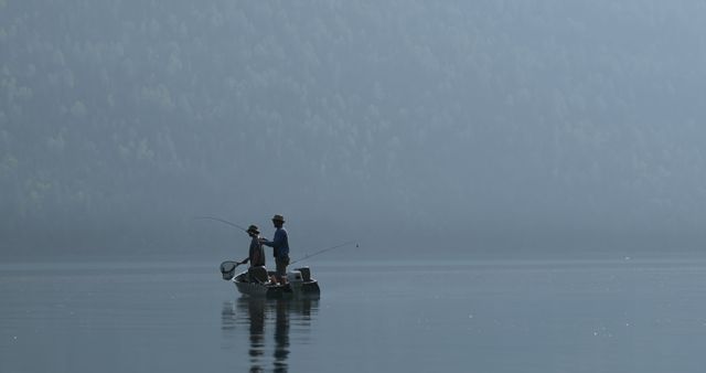 Father and son engaging in fishing on a quiet lake with misty mountains in the background, fostering bonding through an outdoor activity. Ideal for representing family time, leisure activities, appreciation of nature, and tranquility. Can be used for promotional materials focused on outdoor sports, family vacations, and peaceful lifestyle imagery.