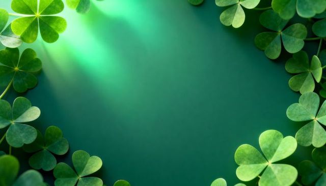 Framing green clover border on teal gradient background with sunlit leaves and copy space