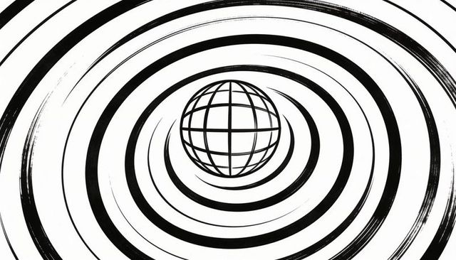 Wireframe globe floating inside radiating brush-stroke concentric rings monochrome minimal