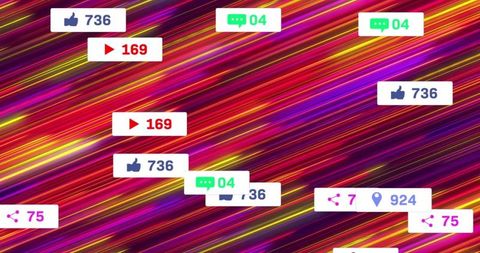 Floating social media engagement counters over neon diagonal light streaks showing metrics