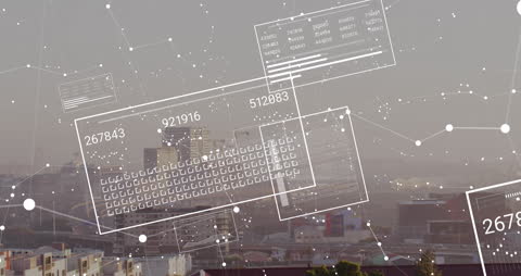Animated Data Processing Screens Over Modern Cityscape