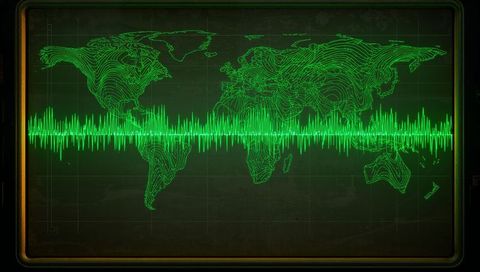 Neon Green Contour World Map with Waveform Overlay
