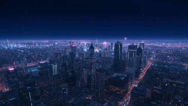 Glowing neon metropolis skyline at night, aerial view reflecting river and light grid