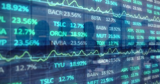 Digital display showing stock market data and financial statistics. Perfect for use in business presentations, financial reports, articles on finance and economics, or educational materials related to trading and investment.