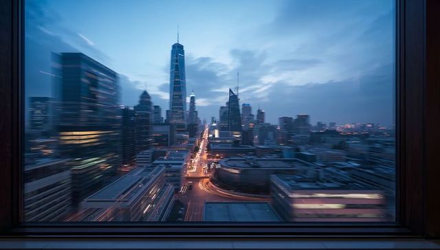 Framing urban skyline through full-height wooden window with spire and light trails at dusk