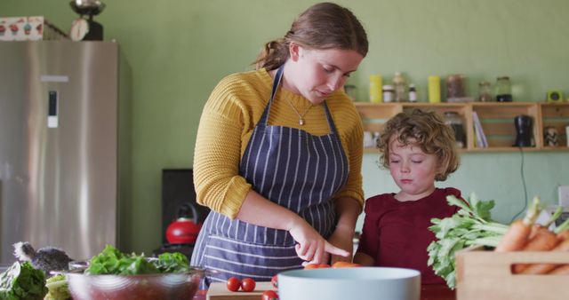 Happy caucasian mother and son chopping vegetables in kitchen. homesteading, healthy lifestyle on organic farm in the countryside.