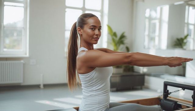 Woman Engaged in Pilates Exercise on Reformer at Bright Studio