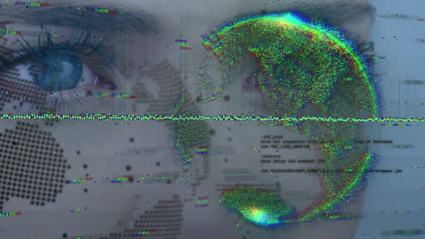 Digital Overlay of Global Connectivity and Cybersecurity Over Woman's Face