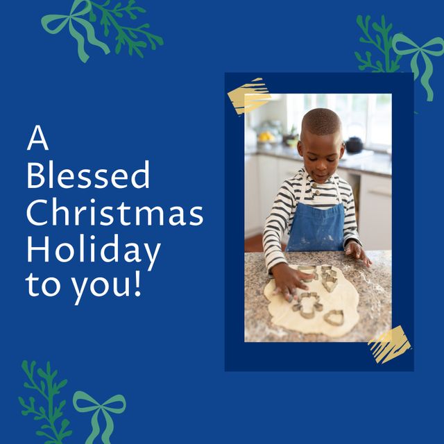 African American Boy Baking Christmas Cookies with Festive Blue Background - Download Free Stock Templates Pikwizard.com