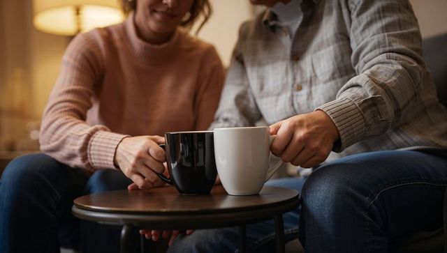 Couple sharing coffee mugs on wooden table cozy living room bonding moment