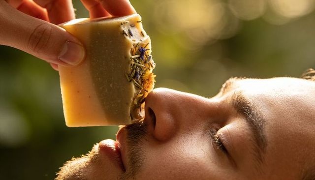 Man smelling handcrafted botanical soap with dried flowers during golden hour