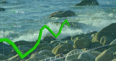 Digital Financial Graph Overlay on Rocky Shoreline at Seaside