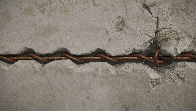 Twisted rusted rebar spiraling inside cracked concrete groove with looped knot detail