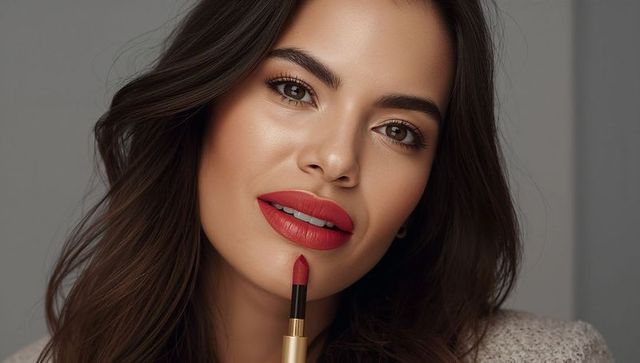 Glamorous woman applying red lipstick with gold tube closeup beauty portrait headshot glam