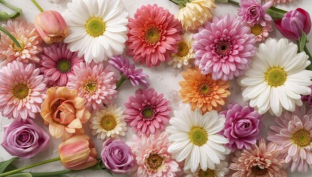 Pastel floral flatlay showing daisies, roses and tulips on light stone surface