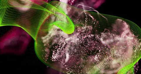 Neon Green Mesh Ribbon Twisting Through Pink Particle Clouds and Glowing Dust