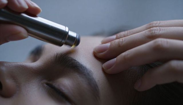 Microneedling device treating forehead skin during professional facial aesthetic treatment