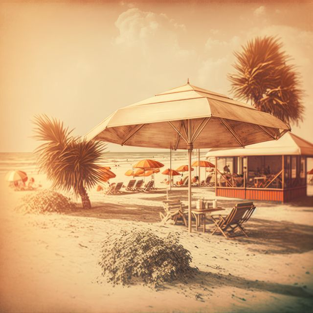 Vintage-style beach setting with palm trees and sun umbrellas evokes nostalgia. Ideal for marketing campaigns, travel brochures, online blogs, or social media posts highlighting travel, summer vacations, or tropical getaways.