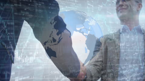 Entrepreneurs Shaking Hands Amidst Global Digital Financial Elements