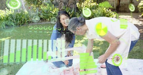 Intergenerational painting project in backyard with augmented hud data overlay