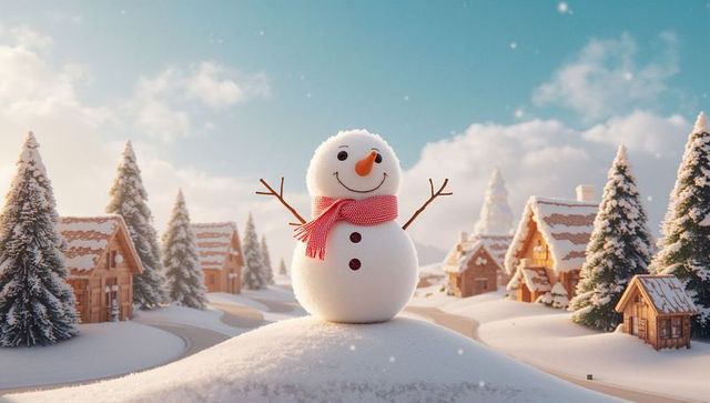 Charming snowman with red scarf in winter villlage landscape