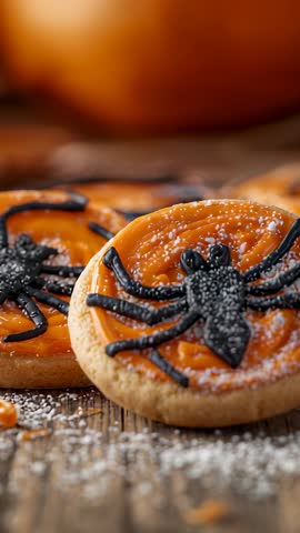 Vertical video featuring Halloween spider cookies with orange icing on rustic wooden table