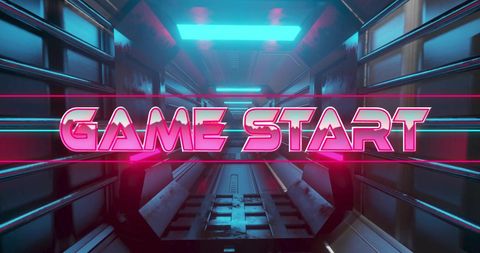 Retro futuristic game start text in digital tunnel