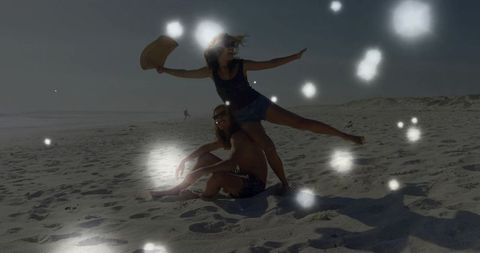 Joyful Balance on Beach With Sun Flair Stars