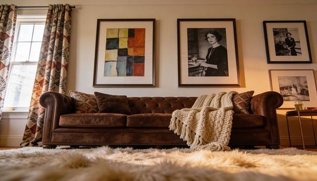 Chesterfield leather sofa with cable-knit throw and gallery wall, cozy warm living room