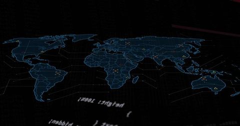 Futuristic holographic world map hud with neon blue grid and data markers
