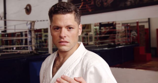 A man in a gym is wearing a martial arts uniform while training. He has a focused and determined expression, suggesting dedication to his practice. The surroundings indicate a well-used gym or dojo. This image is suitable for use in advertising martial arts classes, fitness programs, and sports-related content. It can also be used to promote health and wellness activities or illustrate articles about martial arts and discipline.