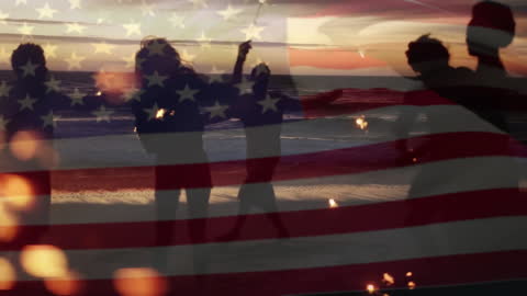 Friends Dancing with Sparklers at Sunset and USA Flag Overlay